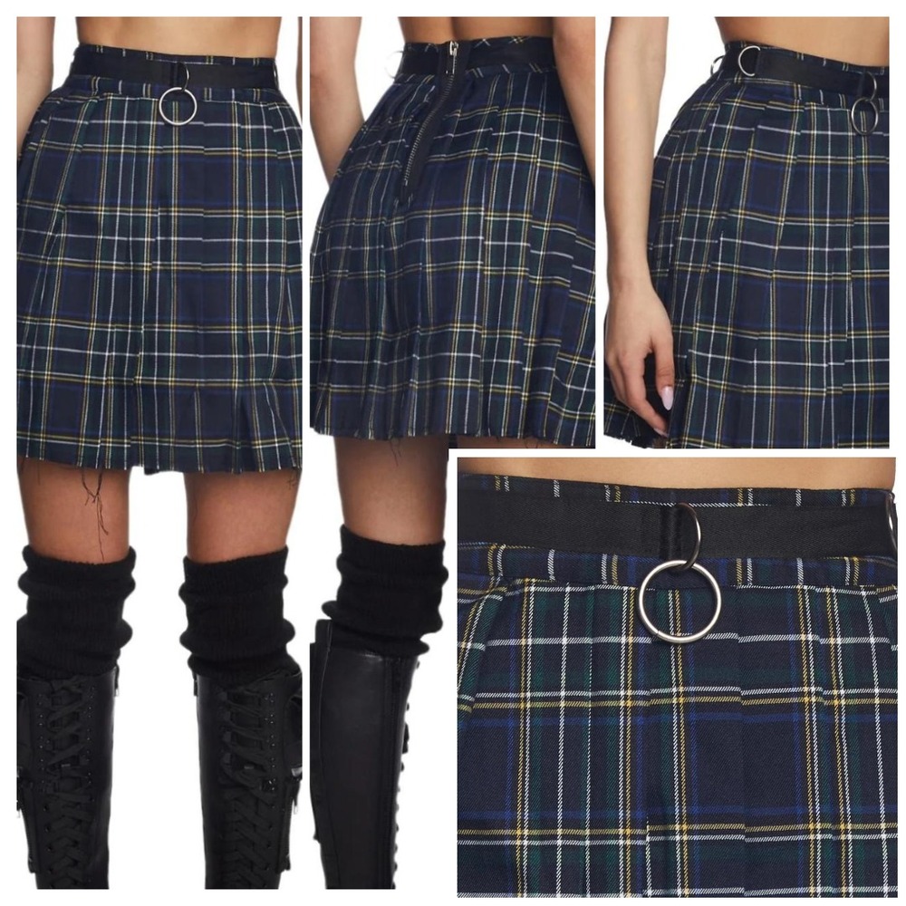 Y2k Current Mood Dolls Kill Plaid Pleated Mini Skirt XXL D-Ring Grunge Punk Nwt